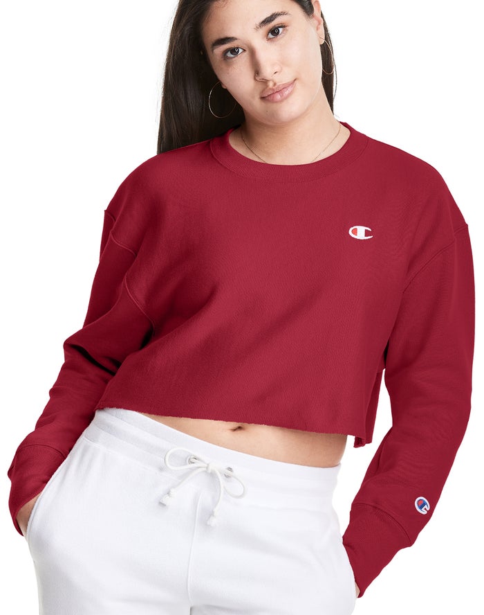 Champion Reverse Weave Cropped Cut-Off Crew Kadın Sweatshirt Koyu Kırmızı ( MNOLRF349 )